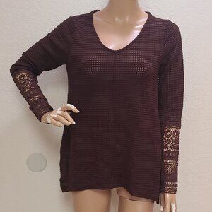 VENUS STRETCH WAFFLE-KNIT TUNIC SWEATER LACE CUFF DETAIL PULLOVER V-NECK sz S